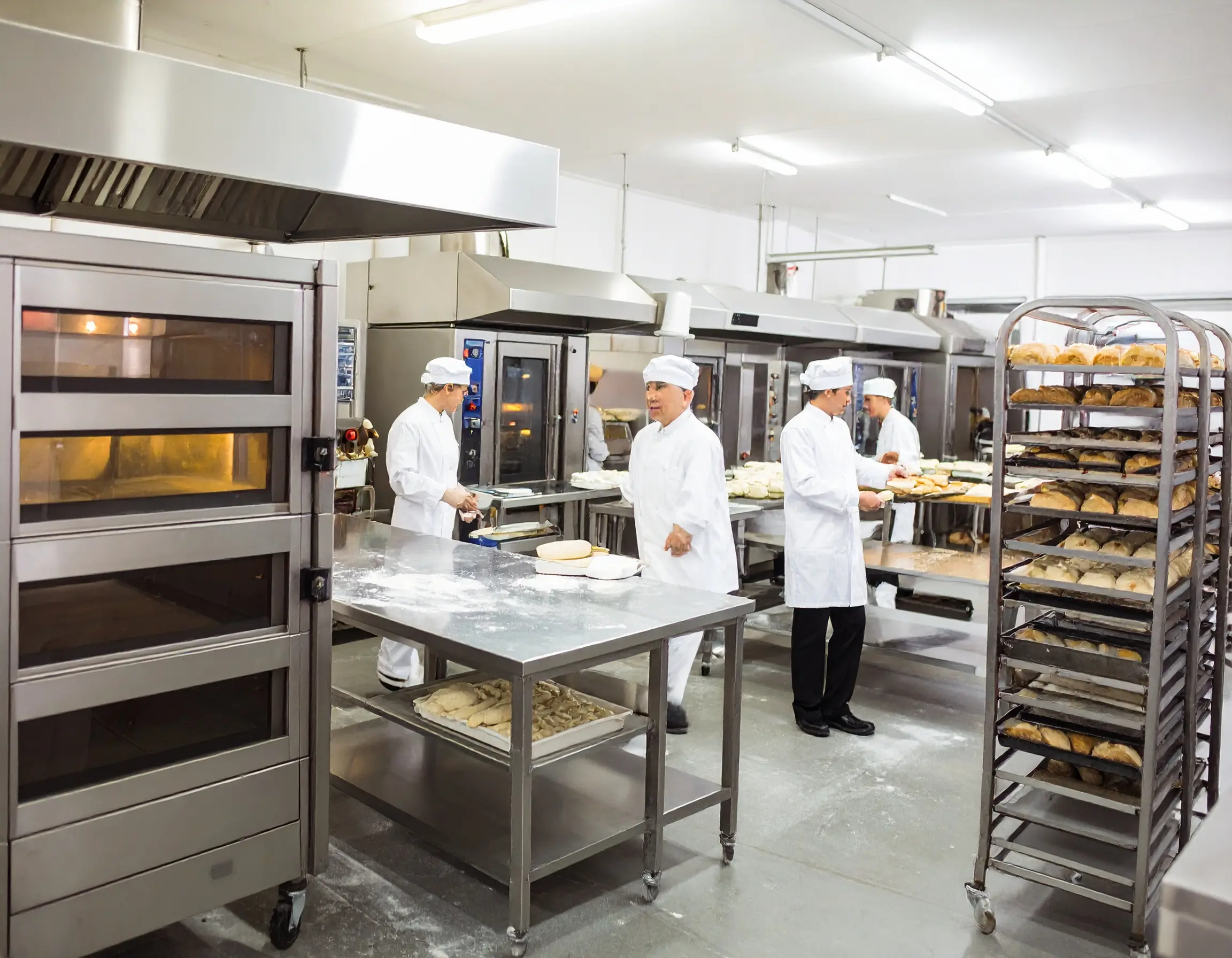 Rotary oven in bakery with chefs and bread racks