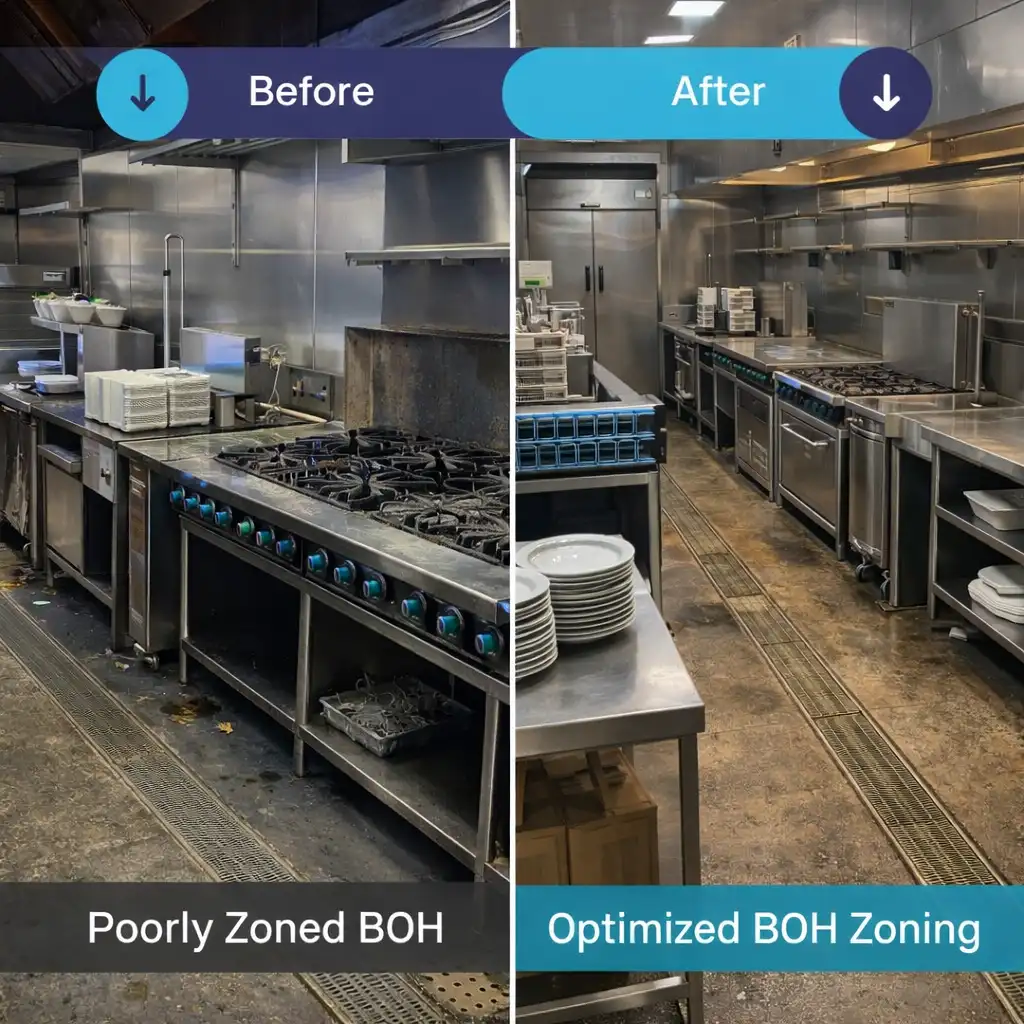 Before and after comparison of Back of House zoning in a commercial kitchen, illustrating how optimized BOH zoning improves workflow, hygiene separation, and operational efficiency.