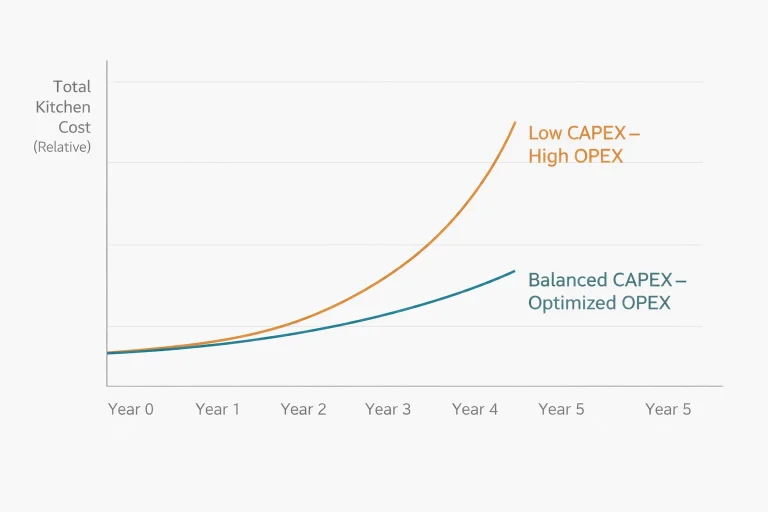 CAPEX versus OPEX cost comparison chart showing how low initial kitchen investment leads to higher long-term operating cost over a five-year period in commercial kitchen projects.