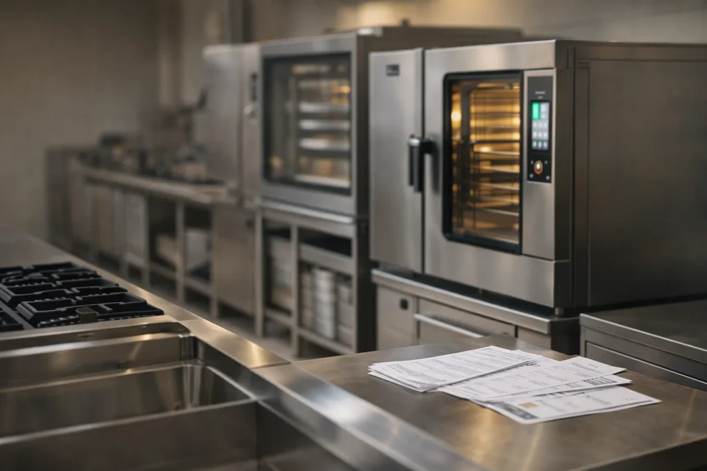 Commercial kitchen equipment selection for hotel and resort projects, showing stainless steel cooking equipment chosen based on menu volume, capacity, and workflow requirements.