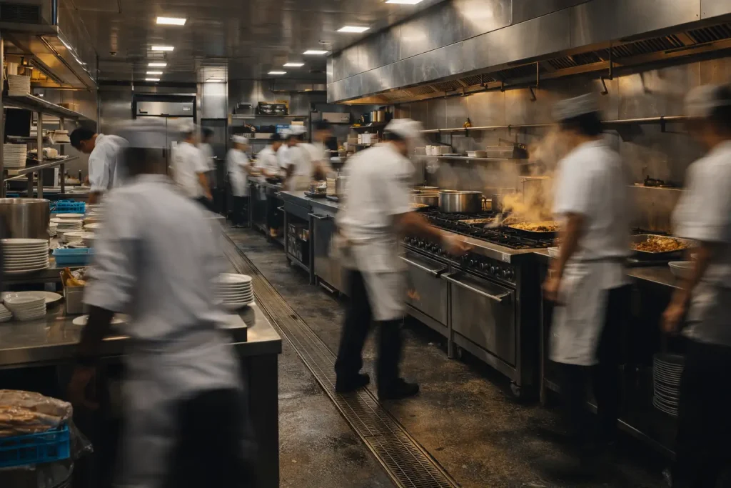 Hotel commercial kitchen during live service after opening, showing workflow congestion, circulation conflicts, and operational pressure under peak banquet and à la carte service.