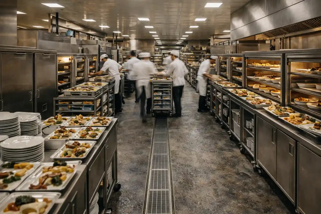 Hotel banquet kitchen during peak event service, showing workflow congestion, staging pressure, and dispatch bottlenecks caused by unengineered banquet workflow under synchronized load.