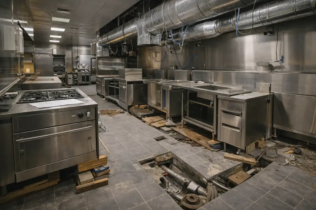 Hotel commercial kitchen installation showing coordination issues despite approved drawings