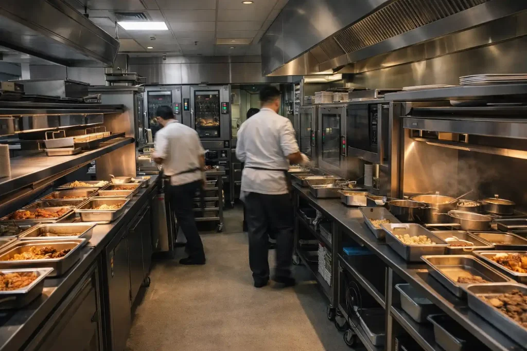 Hotel commercial kitchen during peak service where correct equipment still causes congestion due to poor workflow design.