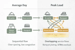 Diagram comparing average-day workflow and peak-load collision in a hotel commercial kitchen with overlapping service flows.