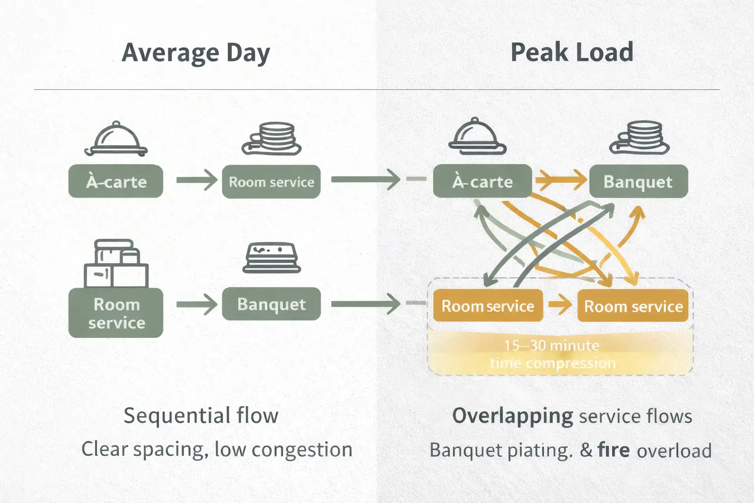 Diagram comparing average-day workflow and peak-load collision in a hotel commercial kitchen with overlapping service flows.
