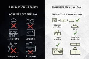 ssumption vs reality in commercial kitchen workflow showing how engineered systems outperform assumed layouts.