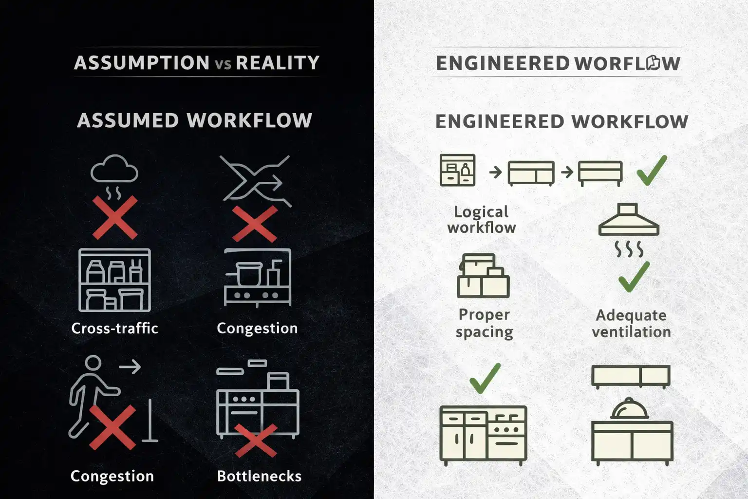 ssumption vs reality in commercial kitchen workflow showing how engineered systems outperform assumed layouts.