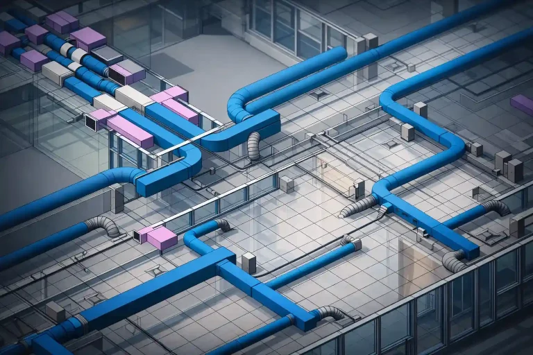 Isometric MEP coordination diagram showing HVAC, ventilation and electrical routing in a hotel commercial kitchen installation phase