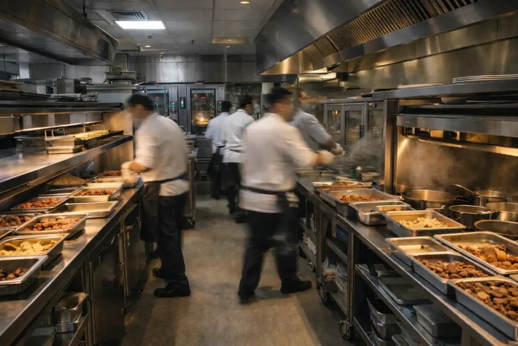 Hotel commercial kitchen under peak banquet load with overlapping service flows, staff congestion and time-compressed operations.