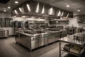 Hotel commercial kitchen completed before system commissioning, visually ready but untested under real load