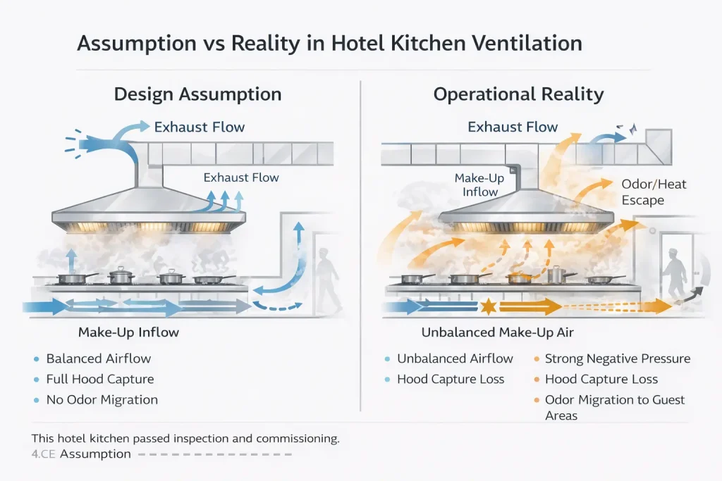 Comparison of hotel kitchen ventilation during peak banquet service, showing heat buildup and hood capture loss versus engineered exhaust aligned with workflow and appliance grouping