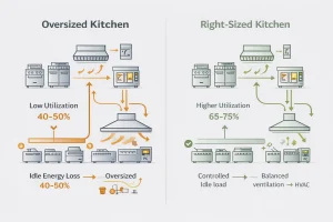 Comparison of oversized and right-sized commercial kitchens showing energy utilization and idle load