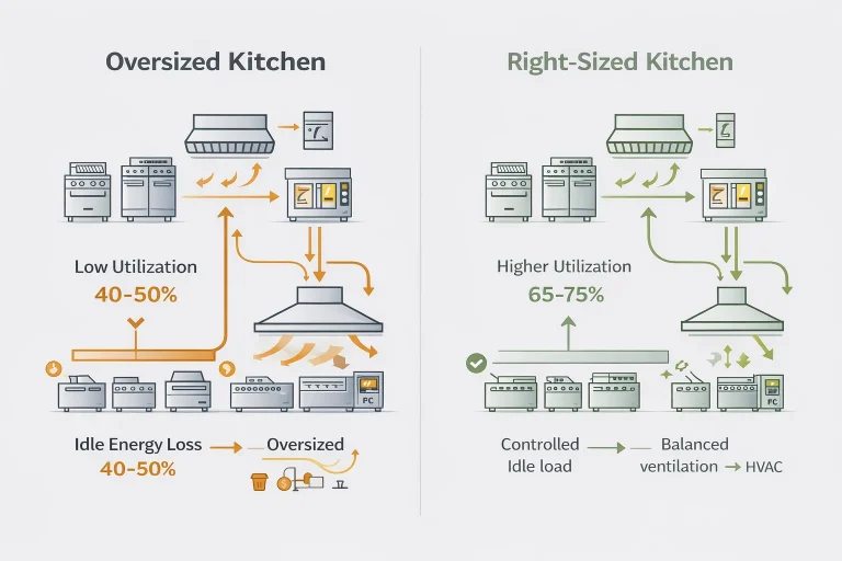 Comparison of oversized and right-sized commercial kitchens showing energy utilization and idle load