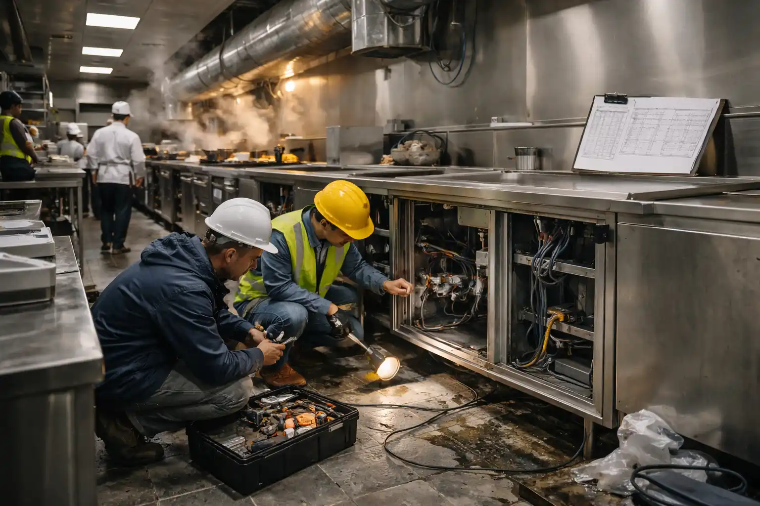 Post-opening hotel kitchen with installation corrections and limited maintenance access