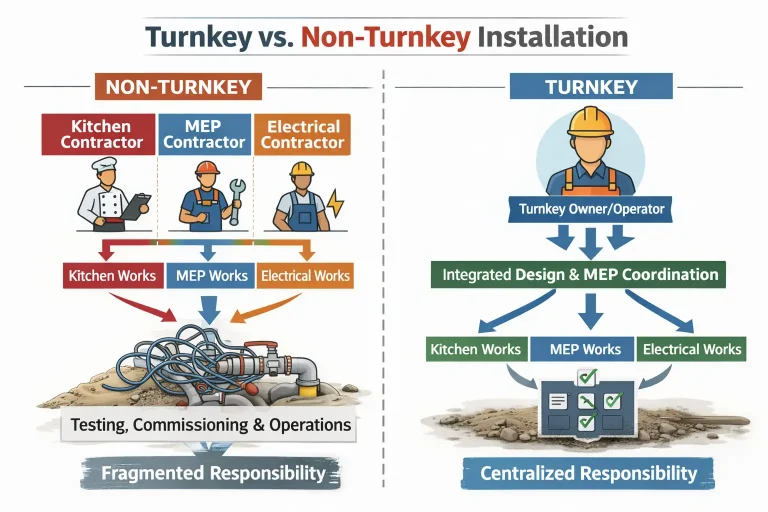 Responsibility flow comparison between turnkey and non-turnkey commercial kitchen project delivery models