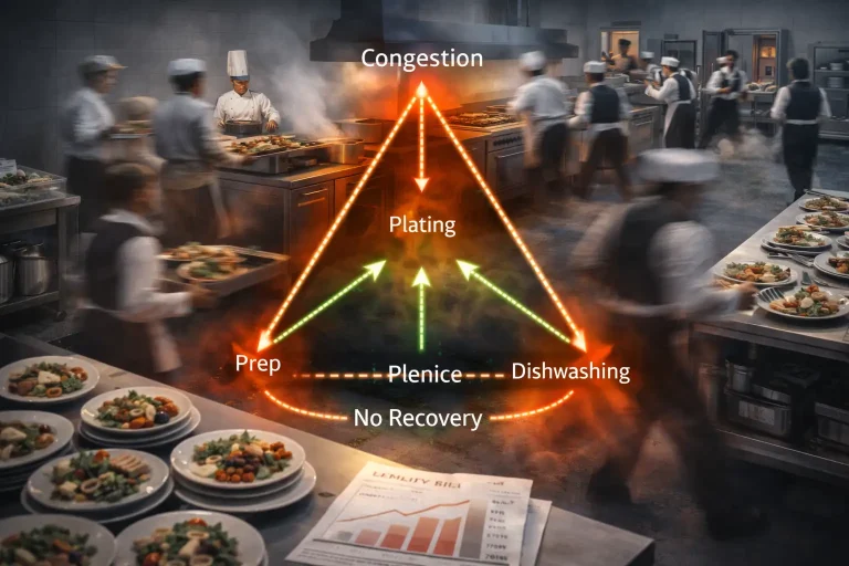 Commercial kitchen under banquet pressure with synchronized peak congestion.